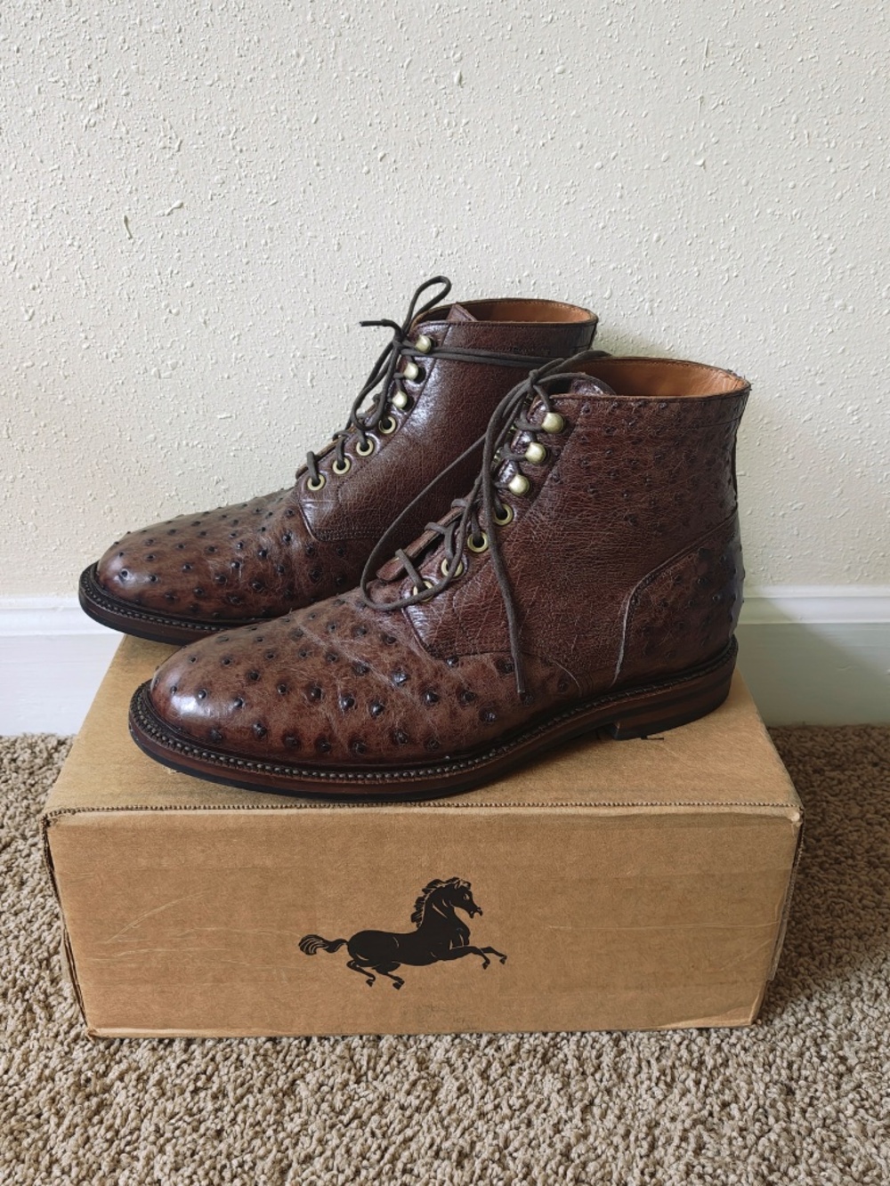 MINT Grant Stone Diesel Boots Kango Tobacco Ostrich Exotic Leather Mens 9.5 EEE